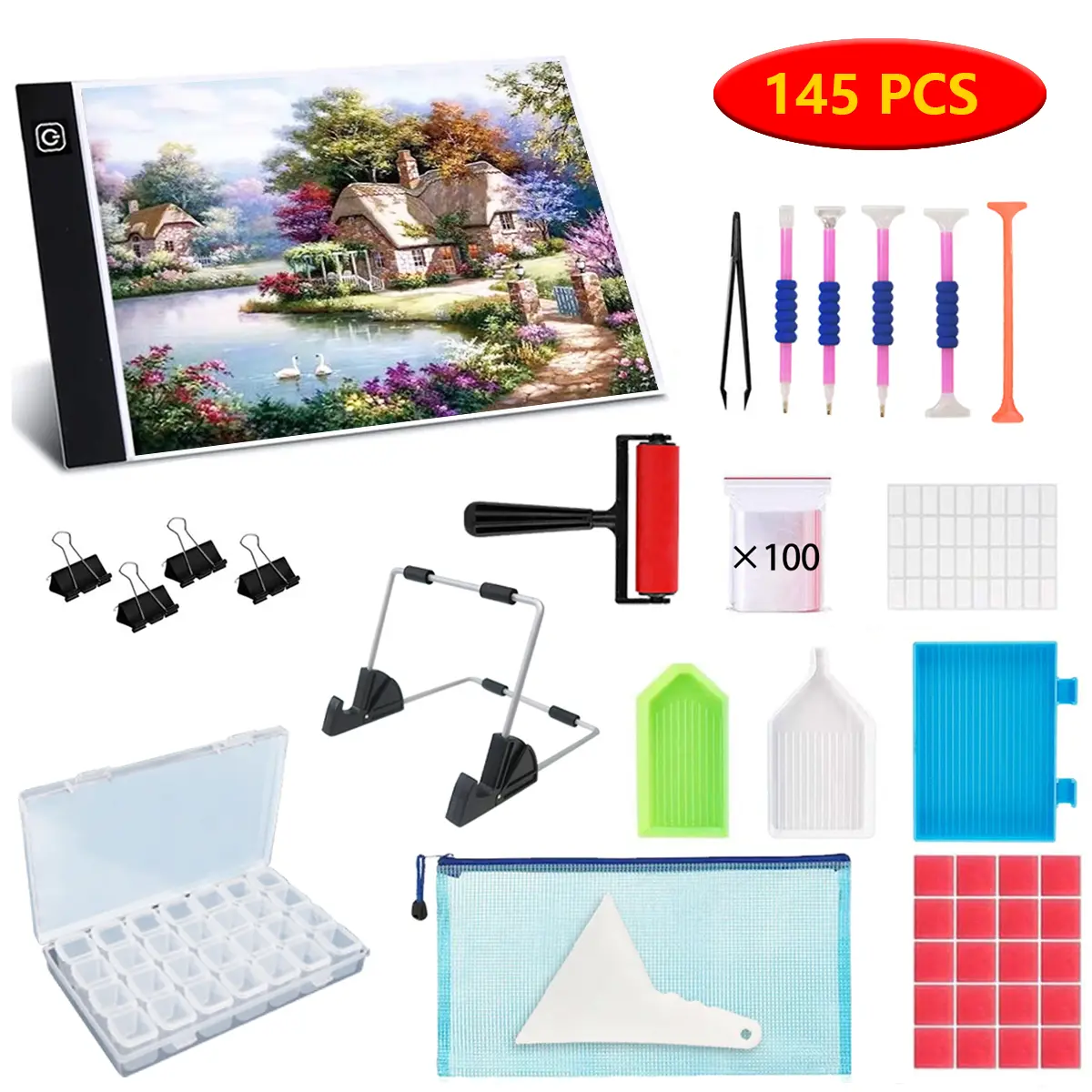 145pcs A4 A3 LED Diamond Painting Light Pad - Complete Set, LED Lamp Pad, Adjustable Brightness, for Diamond Painting Drawing Accessories & Tools - for Crafters & Artists - Perfect Gift for DIY Enthusiasts