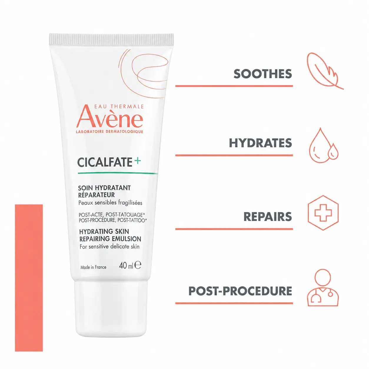Avène Cicalfate+ Skin Repair Emulsion - 40ml Post-Procedure Body Moisturizer, Lightweight, Soothing, Non-Greasy Hydrator for Sensitive Skin