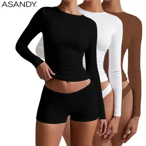 ASANDY Women's 3-Pack Crew Neck Long Sleeve Basic Tees - 4-Way Stretch Double Layer Slim Fit, 3-Pack Classic Neutrals, Comfortable Fabric, Versatile Style for Daily Layering, Workout & Day Looks