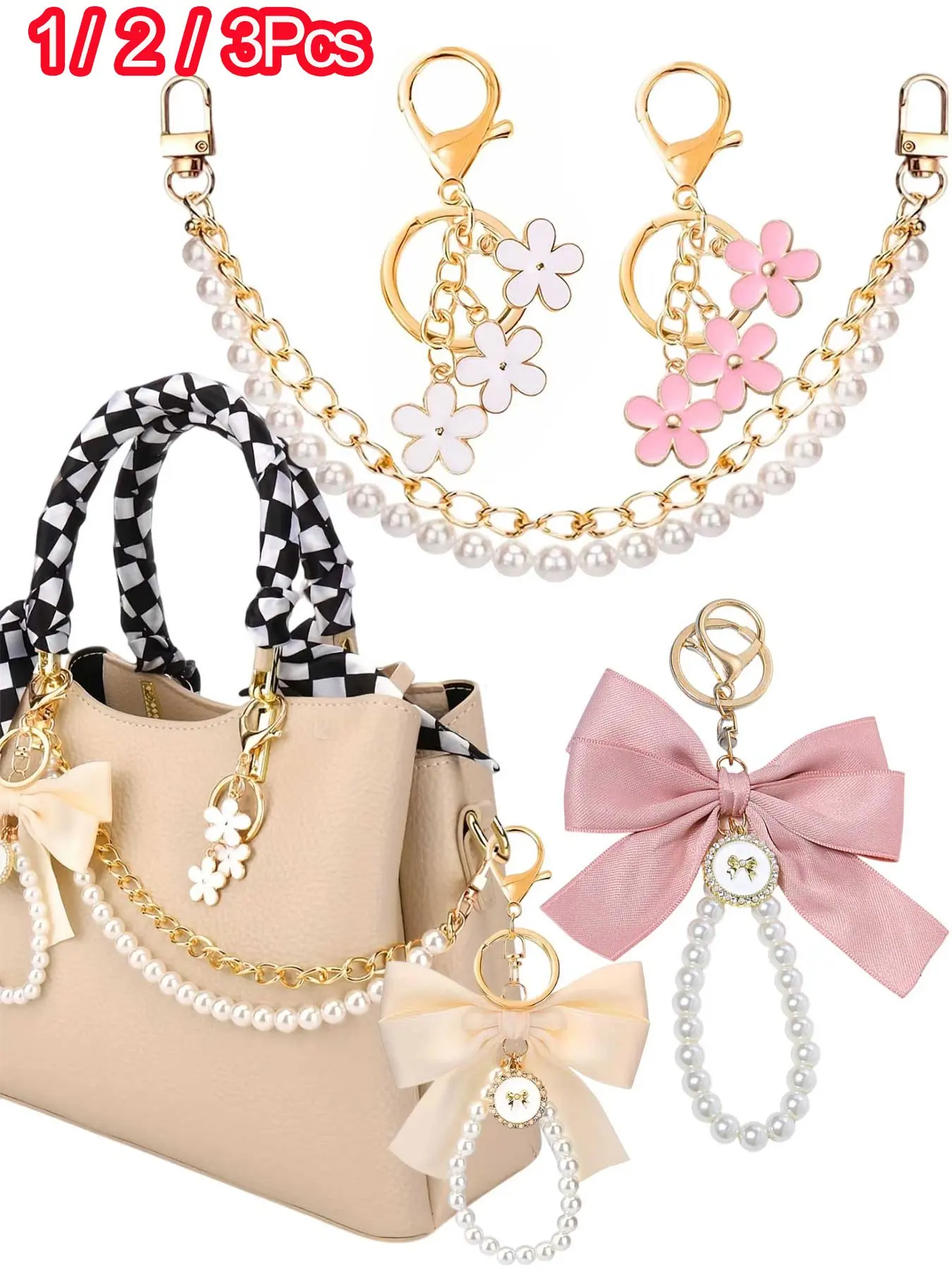 3pcs/Set Metal Bag Charms, Charms for bags, Purse Accessories, & Keychains Set-Double Layer Faux Pearl Bead & Chain Purse Charms, Ribbon Bow Beaded Keychain, Decorative Bag Chain Handbag Decoration Purse Bag Extender Chain