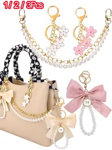 3pcs/Set Metal Bag Charms, Charms for bags, Purse Accessories, & Keychains Set-Double Layer Faux Pearl Bead & Chain Purse Charms, Ribbon Bow Beaded Keychain, Decorative Bag Chain Handbag Decoration Purse Bag Extender Chain