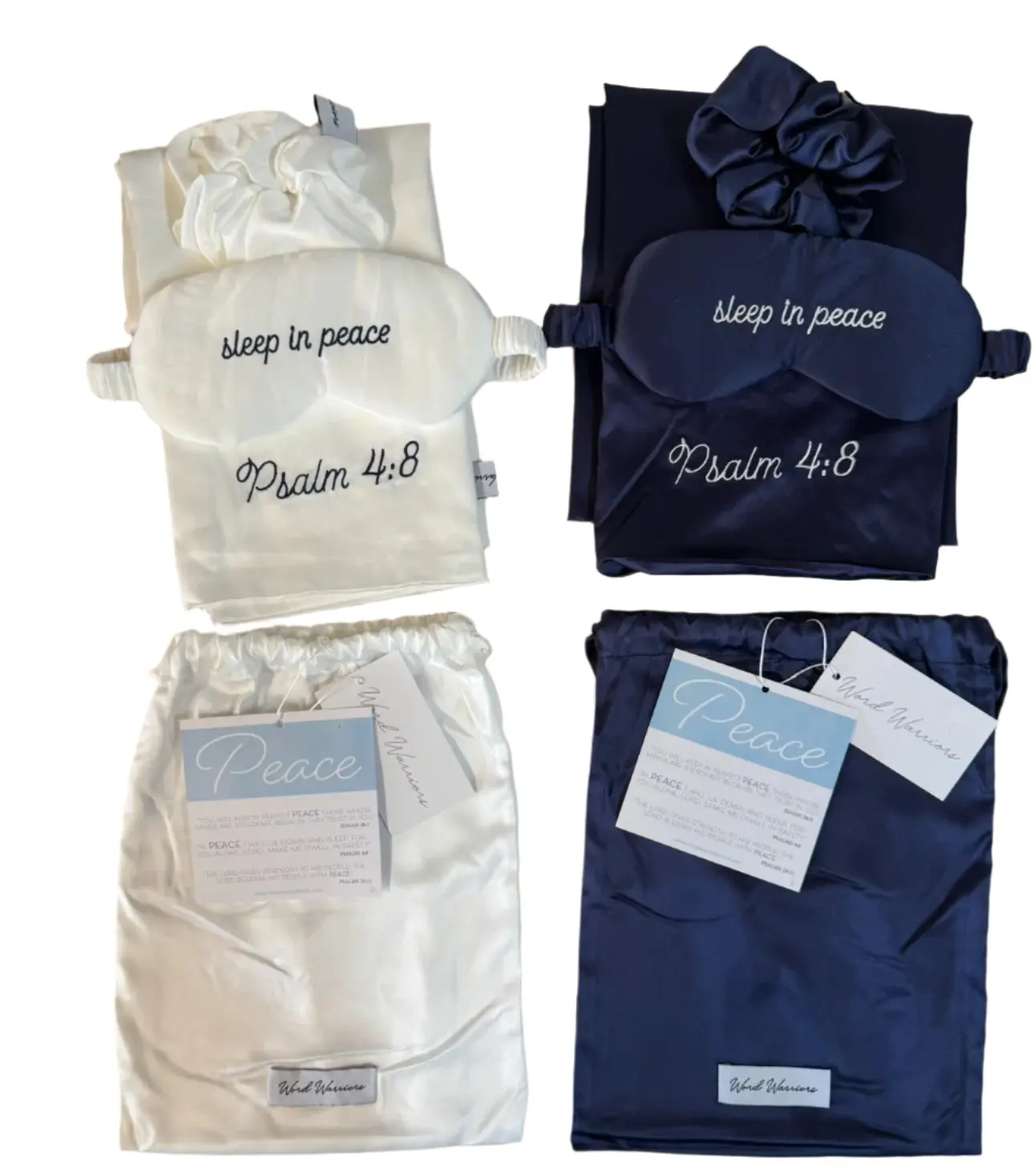 Satin Pillowcase Gift Set with Satin Sleep Mask & Scrunchie: Embroidered “Sleep in Peace” + Psalm 4:8 | Word Warriors