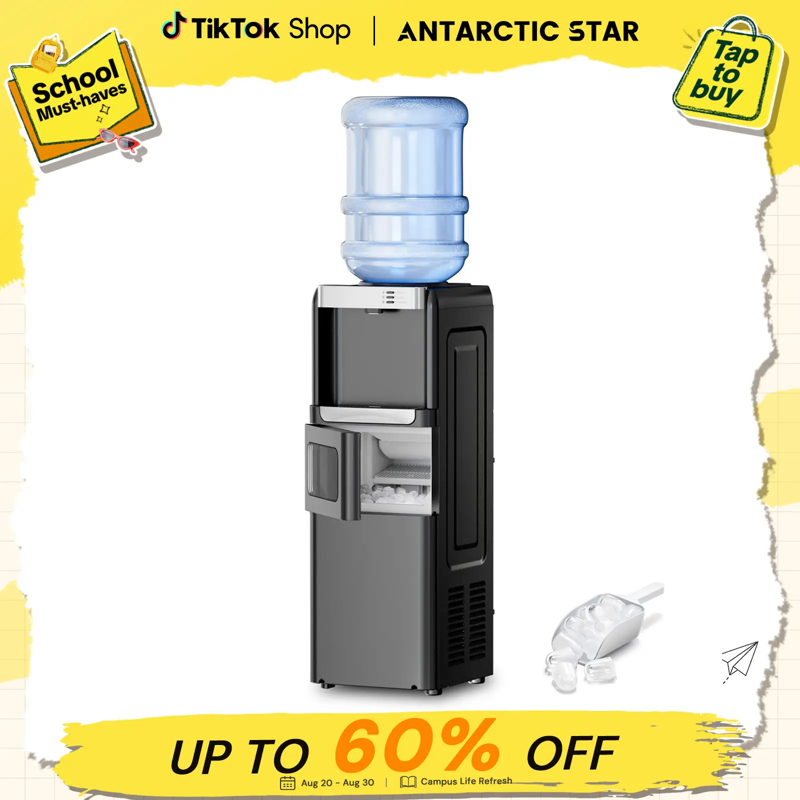 【BackToSchool】Antarctic Star 3-in-1 Hot and Cold Beverage Water Cooler Chiller Dispenser with Built-in Ice Maker, 3-5 Gal Bottle Compatibility, Child Safety Lock, Black, Beverage Dispenser tiktokshopbacktoschool, Automatic Drink Dispenser