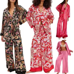 Women Satin Pajama Set Floral Silk Pajamas Two Piece Lounge Sets Button Down Shirts Wide Leg Pants Pjs Sleepwear Homewear Nightwear Long Sleeve Loungewear