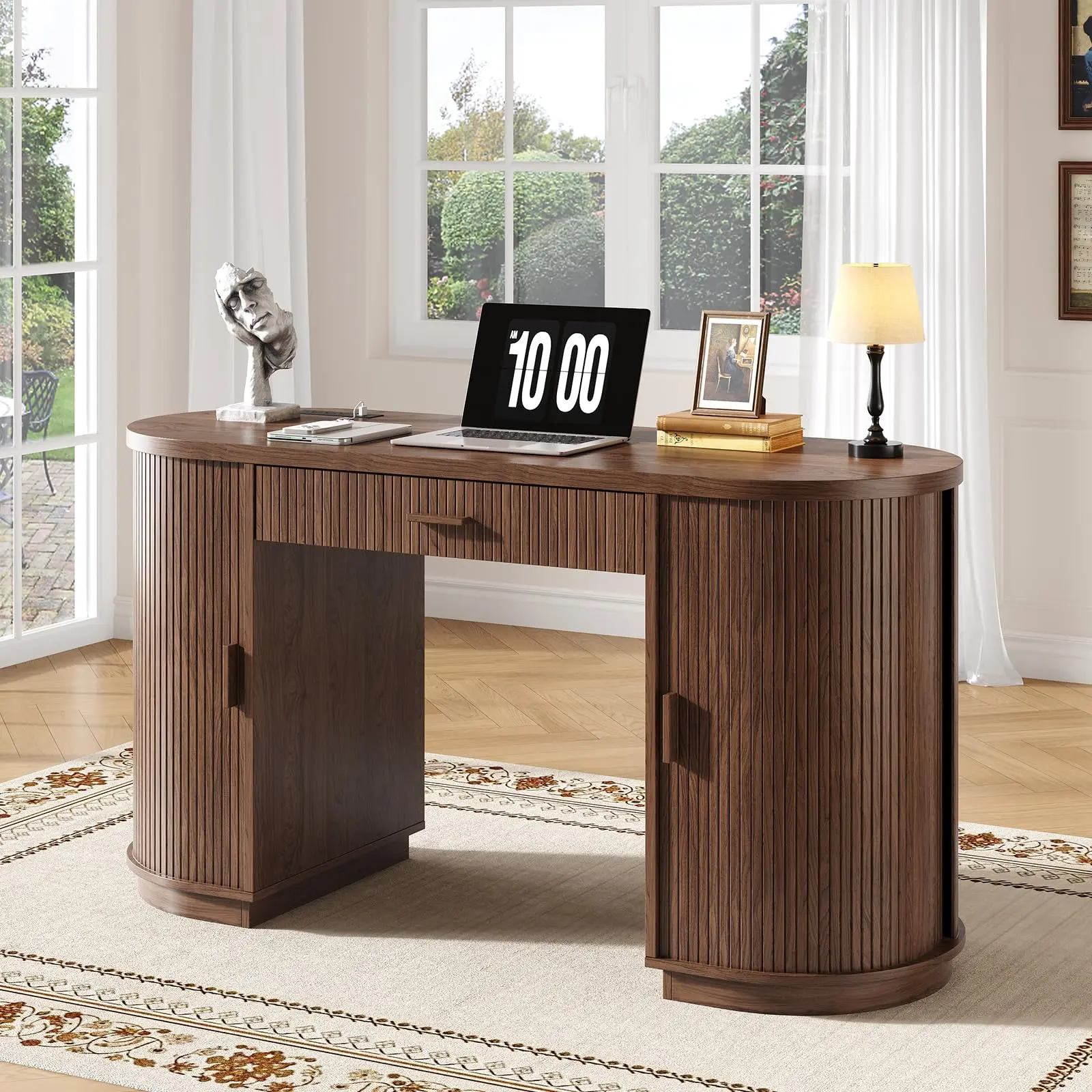 【SummerFinds】ONBRILL 58 Inch Fluted Executive Desk with Drawers, Large Computer Desk with Charging Station, Mid Century Modern Desk for Home Office, Living Room Furniture, Bedroom Funiture SummerFinds