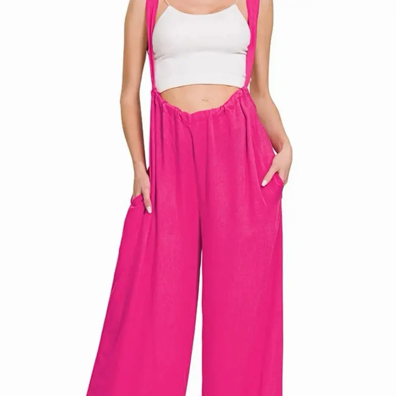 Zenana Woven Tieback Suspender Jumpsuit