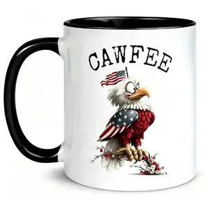 Funny Bald Eagle Cawfee Coffee Mug, Patriotic American Eagle with USA Flag Ceramic Cup 11oz, Humorous Coffee Lover Gift for Patriots, Novelty Animal Themed Drinkware