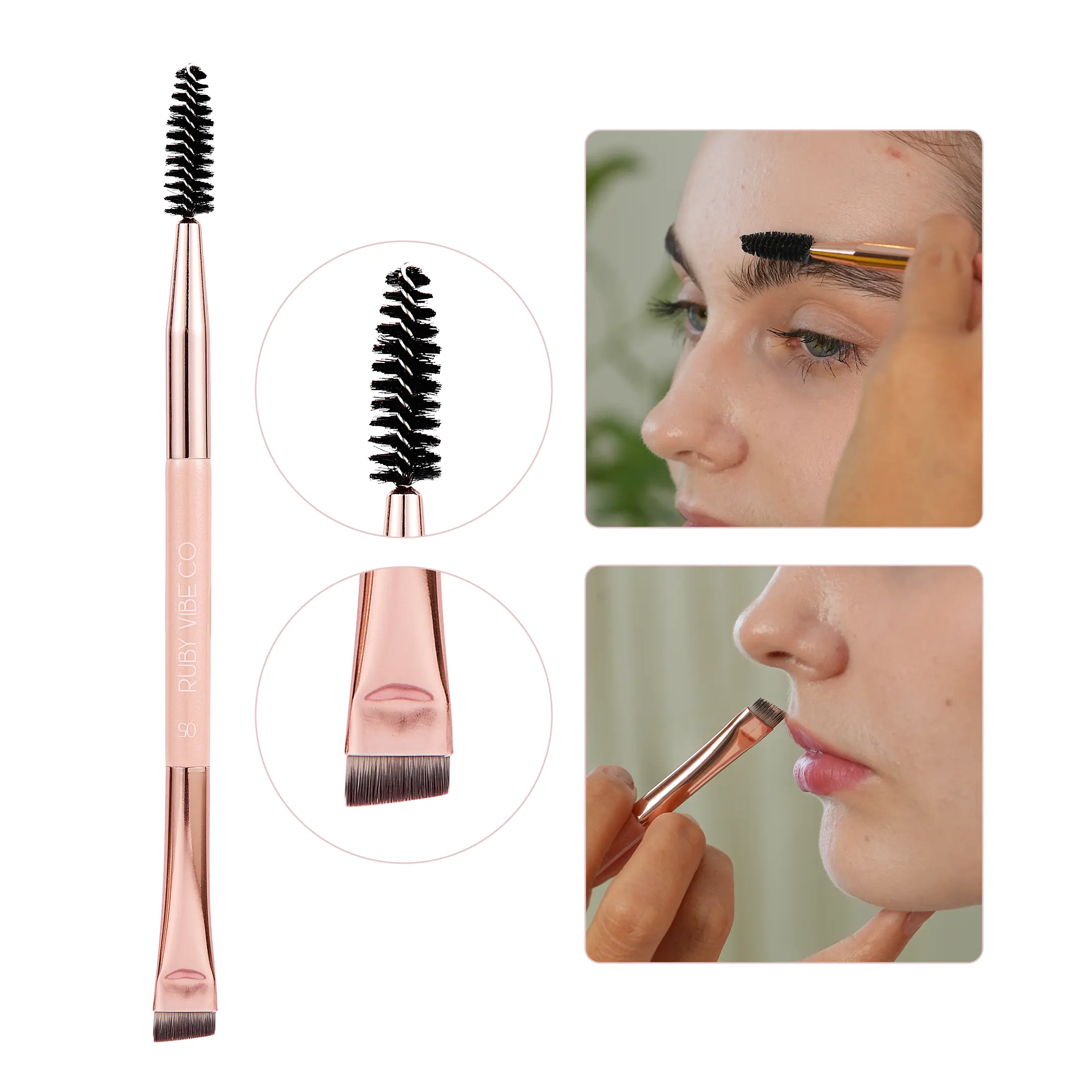 Title: RUBY VIBE CO Dual-Ended Eyebrow Spoolie Brush, Angled Brow Brush for Shaping & Filling, Spoolie Brush for Powders, Creams & Gels, Pink Handle Cute Makeup Brush