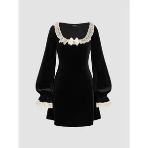 Cider Women's Casual Velvet Scoop Neck Lace Bowknot Mini Dress - Size 0-10, Fashion Womenswear Statement Clothes, Casual Wear