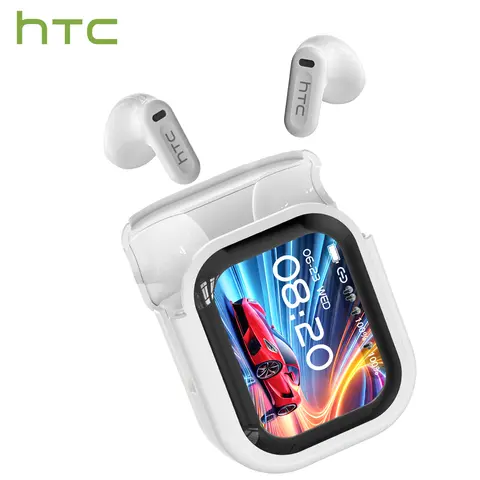 hTC NE20 True Wireless BT 6.0 Low Lag Earbuds - 20kHz Headphones Earbuds, 1-1.5h Charging, LCD Display, Touch Control, Call-Ready Mic, Water Resistant, Volume Control, Included Batteries, Cellphone & Gaming Compatible Audio Device