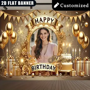 Golden Birthday Party Banner Customizable Personalized Name Photo Backdrop Elegant Decoration for Indoor Outdoor Celebrations with Balloons and Candles
