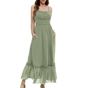 GRACE KARIN Womens Summer Maxi Dress Casual Sleeveless Spaghetti Strap Smocked Ruffle Beach Long Dress with Pockets