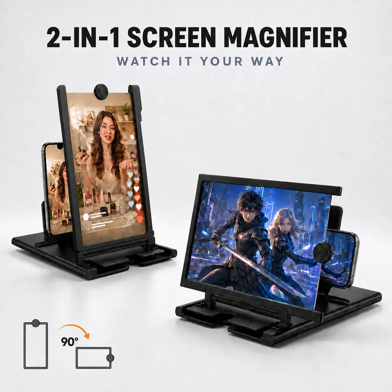 The New 12" Phone Screen Magnifier, 2-in-1 Rotatable HD Magnifying Screen Amplifier with Foldable Stand, Acrylic Lens Projector for Movies Videos Gaming, Compatible with All Smartphones-YY