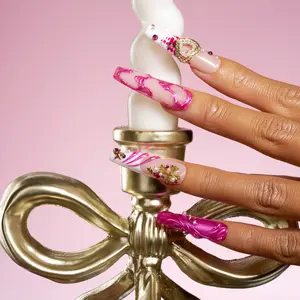 Trendy Pink Coffin Nails, Custom Painted Chrome Designs, Gold Heart/Cross Charms, 3D Art, Long Lasting, Salon Quality, Reusable
