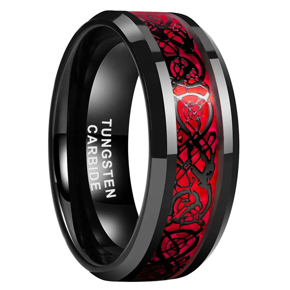 Yonifu 8MM Black Tungsten Red Opal Dragon Inlay Ring - Polished Beveled Edge, Bold, Curved Comfort Fit, Scratchproof Men's Wedding & Engagement Band, Fade Resistant, Curved Fit, Engagement Ring, Gloss Black Rings, Gothic Style
