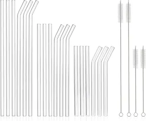 [22 Pcs]  Glass Straws Shatter Resistant - Size 12"x8mm,9"x8mm,6"x8mm Including 9 Straight and 9 Bent Clear Glass Straws with 4 Cleaning Brush for 20 30 40 oz Tumblers,,Coffee,Juice