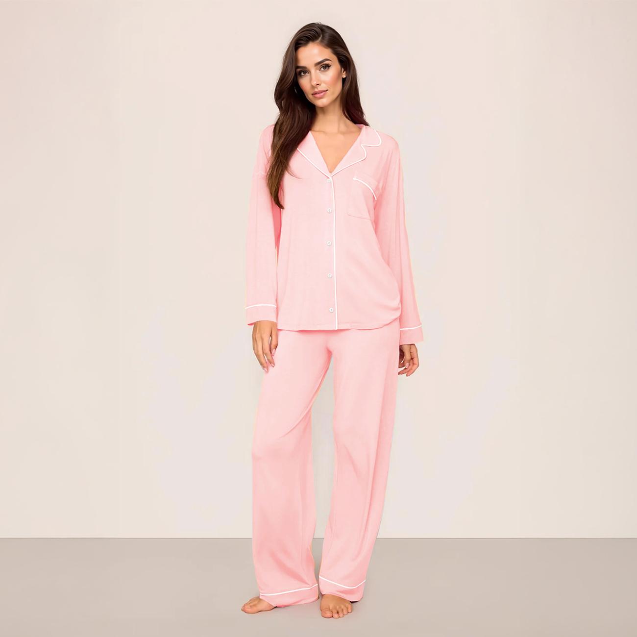 KatchMe Women's Basic Color Matching Trim Button-Up Long Sleeve Top & Drawstring Waist Loose Trousers Sleepwear Co-ord, Leisure Pajama Set for Fall & Winter KatchMe Women's Basic Color Matching Trim Button-Up Long Sleeve Top & Drawstring Waist Loose Trousers Sleepwear Co-ord, Leisure Pajama Set for Fall & Winter
