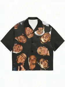 Men's Casual Button Down Short Sleeve Shirt with Portrait Print, Fitted Button Front Design, Perfect for Outdoor Commuting, All-Over Pattern
