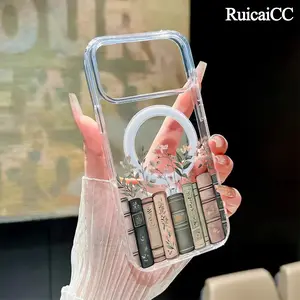 Floral Bookshelf Pattern Magnetic Phone Case for iPhone 15 Plus 17 16 Pro Max Air 14 13 12 11 Transparent Shockproof Soft Premium Stylish Durable Protection Case