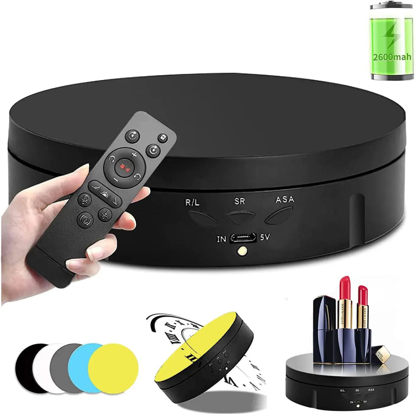 360-Degree Rotating Display Stand with Remote Control, 5 PVC Backgrounds, Battery/USB Power Supply for Product Photography Display Camera Rechargeable Plug Smartphone Automatic