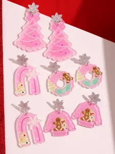 Christmas Fashion 4 Pairs Cute Cartoon Tree Socks & Acrylic Earrings for Women Holiday Party Jewelry Set Perfect for Festive Outfits Pink Dangles Trendy Fashionable Accessories