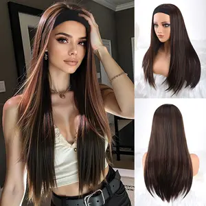 ZIHAN Natural straight hair headband wig - heat-resistant synthetic fiber 4/30 brown dyed deep root, 150% density closed mesh cap, comfortable daily use wig, multifunctional wig piece, vacation style