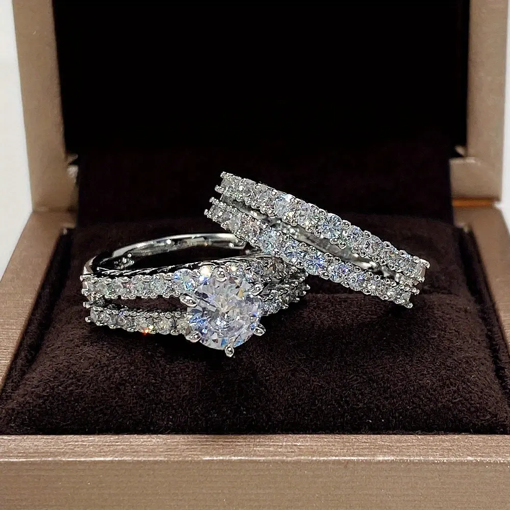 2 Pcs/set Bridal Wedding Rings 18K Gold Plated 6 Prong Setting zirconia Rings For Women Engagement Proposal Jewelry Gift (no Box)