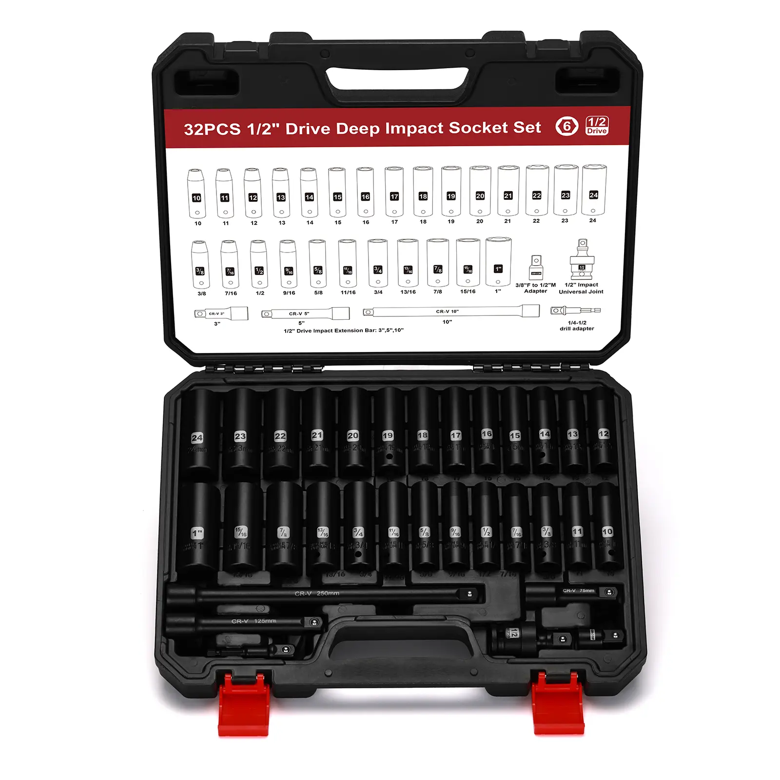 1/2" Drive Impact Deep Socket Set, SAE (3/8 to 1 inch) and Metric (10-24mm) Sizes with 3", 5", 10" Extension Bars, CR-V Steel, Complete Impact Wrench Socket DEALS FOR YOU DAY sohochic