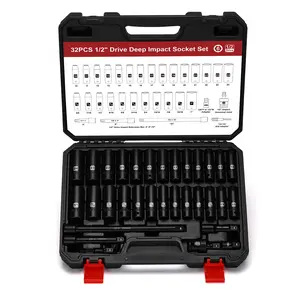 1/2" Drive Impact Deep Socket Set, SAE (3/8 to 1 inch) and Metric (10-24mm) Sizes with 3", 5", 10" Extension Bars, CR-V Steel, Complete Impact Wrench Socket fathersdaygift