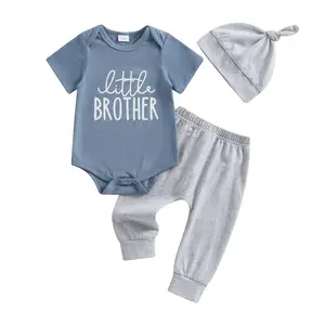 Newborn Baby Boy 3Pcs Summer Little Brother Clothes Short Sleeve Letter Print Romper+ Elastic Waist Pants+ Hat 3PCS Outfit