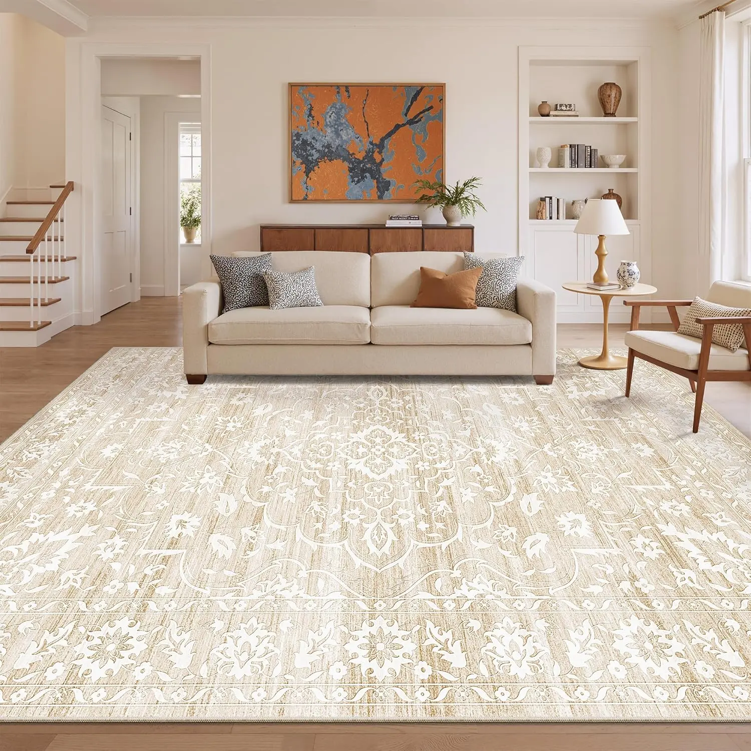 Art&Tuft Non-Slip Botanical Area Rug - Stain-Resistant, Machine Washable Vintage Floral Home Decor Rug for Living Room, Bedroom, Apartment Accessories, Room Decor, Living Room Decor