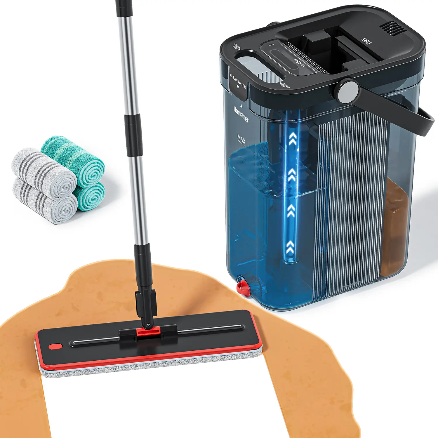Homettler  Mop   Set with Separate Dirty & Clean Water Compartments, 65-in Stainless Steel Adjustable Flat Mop for Wood & Tile Floors, Stainless Steel Brush Household Tool hard cleaning perfect christmas gift replacement heads cubeta exprimidora