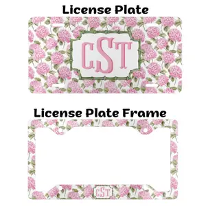 Monogram Pink Hydrangea License Plate and Frame, Personalized Floral Car Decor, Custom Car Accessories for Women, Birthday Gift