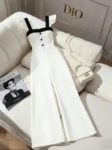 Elegant Patchwork Jumpsuit, Chic Fly Butterfly Sleeve Square Neck Waist Cinching Wide Leg Pants, Casual Commuter Versatile Minimalist Skirt Pant Womenswear Lady