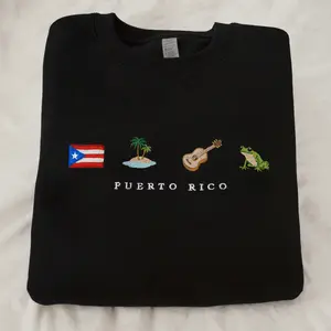 Puerto Rico Embroidered Sweatshirt, Boricua, Taino, Cotton, Black, Crewneck, Flag, Coquí Frog, Guitar, Island, Palm Tree, Ocean, Music, Latin, Reggaeton, Salsa, Bordado, Latin, Orgullo