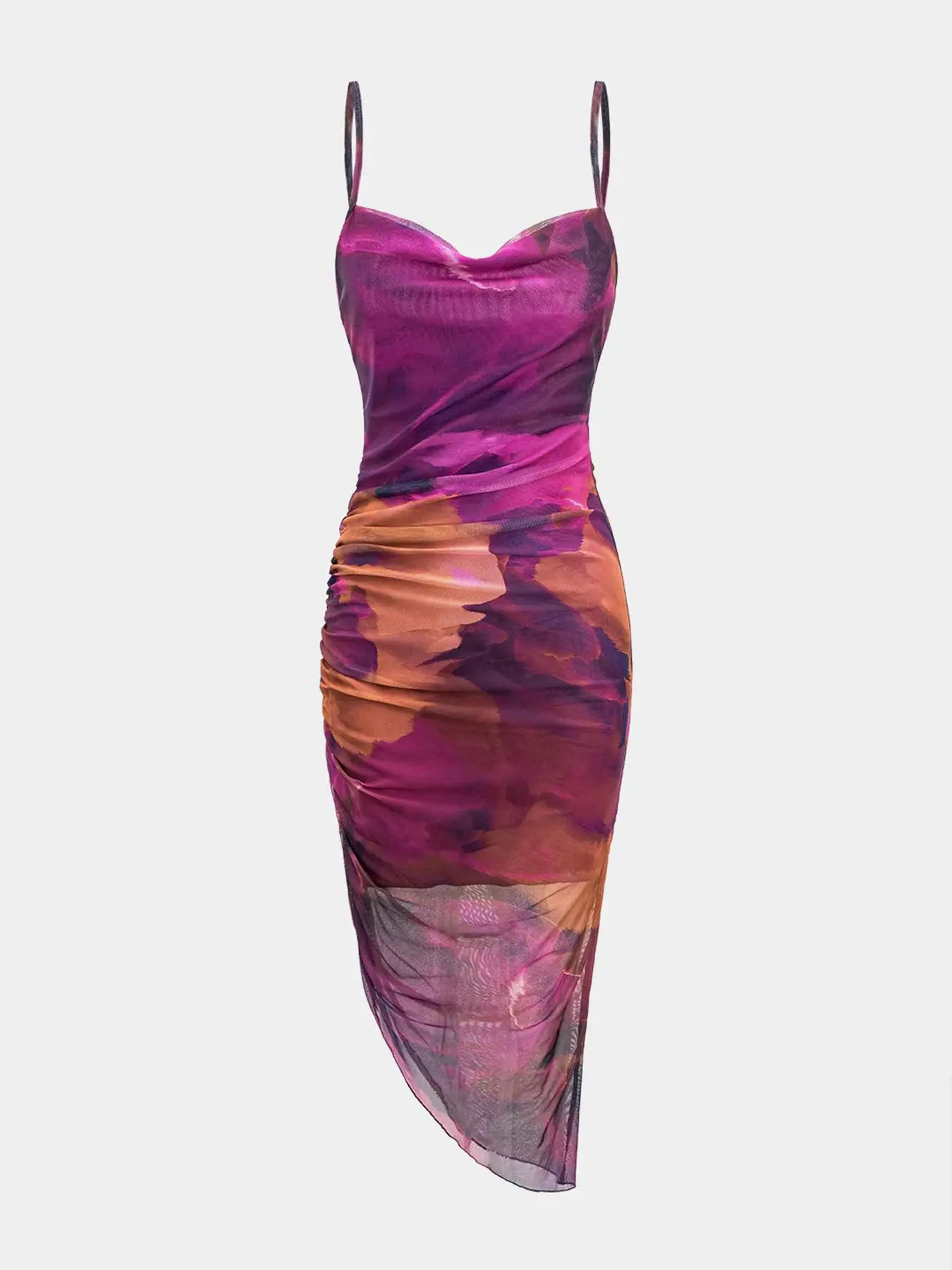 Women's Backless Abstract Print Cowl Neck Spaghetti Strap Cami Bodycon Midi Dress, Ruched Asymmetrical Hem, Summer Party and Date Outfit