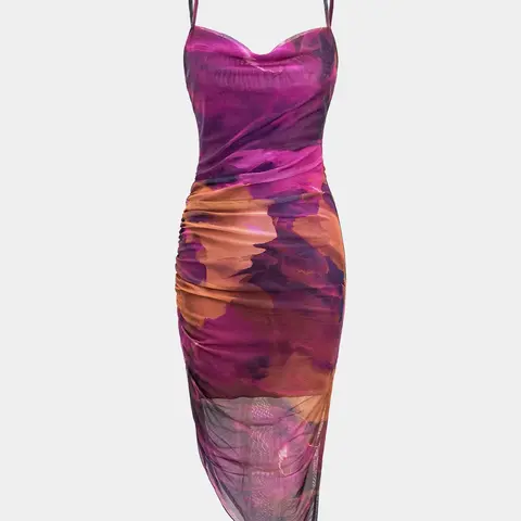 Women's Backless Abstract Print Cowl Neck Cami Sleeveless Bodycon Midi Dress, Ruched Asymmetrical Hem, Summer Party and Date Outfit