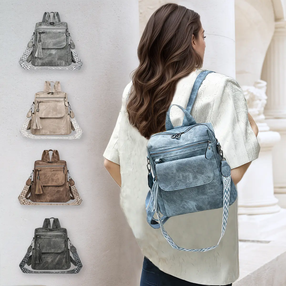 Women's Retro PU Leather Casual Backpack - Medium Convertible Adult Bag with Top Handle, Zip Closure, Plain Design, Adjustable Straps, Elegant, Easy Storage for Commuting, Leisure Travel (Do Not Wash)