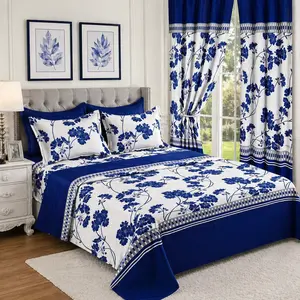 8-Piece Super Soft Bedding Set - Blue Floral & Stripe with Matching Curtains