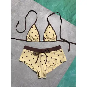 Women's swimsuit bikini set, vintage yellow polka dot print, classic color-blocking design, summer beach vacation wear