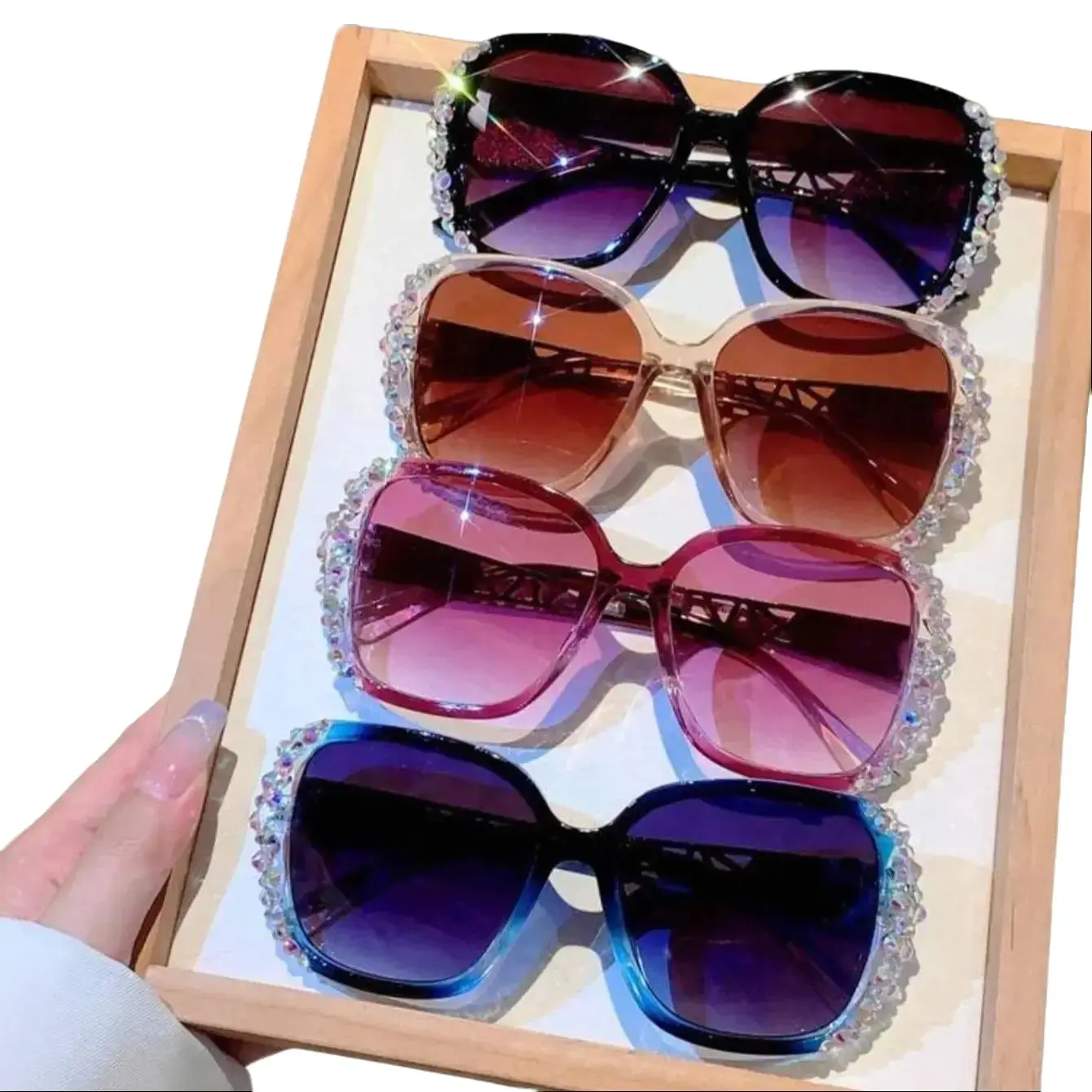 4-Pack Women's Polarized Sunglasses, Diamond Studded Oversized Frames with Gradient Lenses, UV Protection Stylish Accessories for Parties