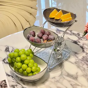CNCEST Silver 3-Layer Oval Fruit Stand - Assemblable, Space-Saving Metal Stand with Ceramic Bowls, Iron Base; Organiser, Display Riser, Racks for Fruits, Snacks in Dining Rooms, Kitchens