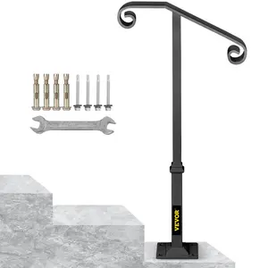 【fathersdaygift】VEVOR Handrails for Outdoor Steps, Fit 1 or 2 Steps Outdoor Stair Railing, Single Post Wrought Iron Handrail, Gray Transitional Porch Railings for Concrete Steps or Wooden Stairs with Base