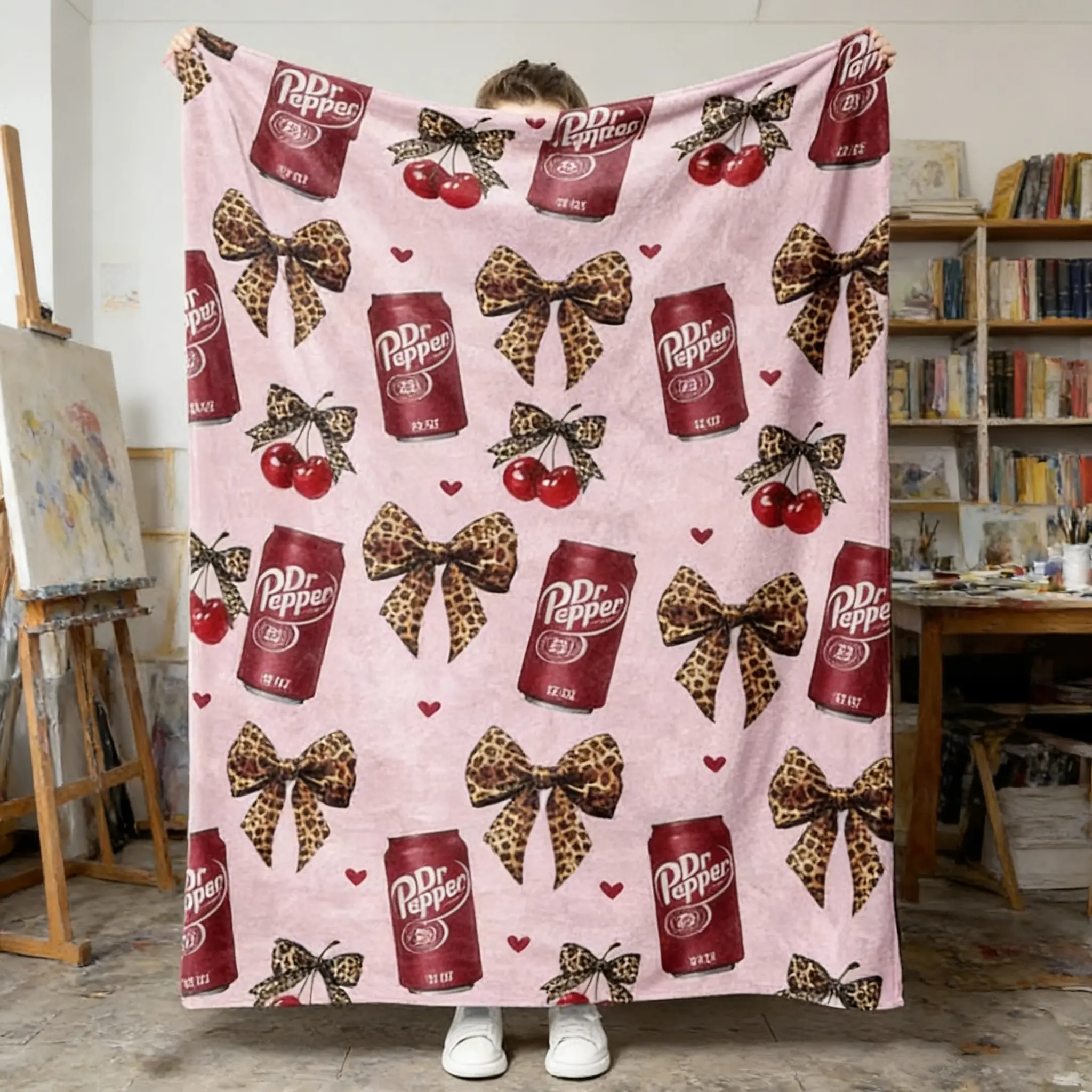Dr Pepper Leopard Print Classic Bow Flannel Blanket - Versatile Comfortable Holiday Nap Blanket for Indoor Use on Sofas Beds Offices & Outdoor Camping