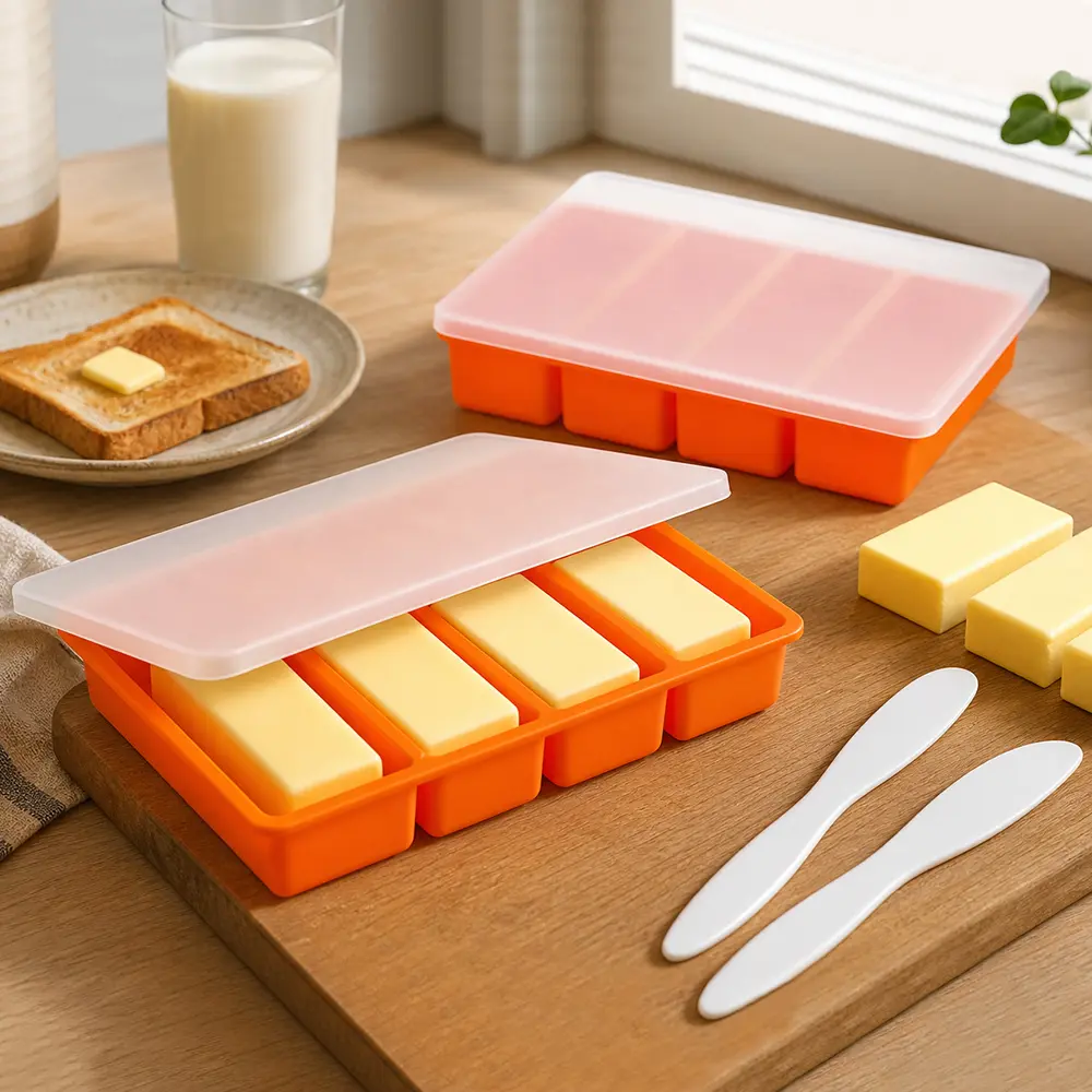 2-Piece Non-Stick Silicone Butter Mold Set with Dust Covers, Plastic Utensils-Compatible Orange 2-Pack Freezer/Ice Tray for Whiskey, All-Seasons Food Storage