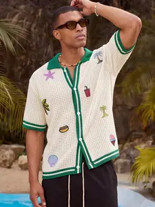 Men's Summer Vacation Tropical Style Embroidered Casual Y2K Knit Cardigan Knitwear, Short Sleeve Front Button Contrast Design, Perfect for Parties and Beach, Menswear