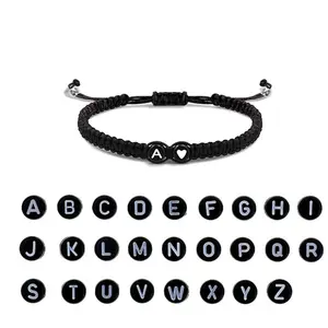 Custom Initial & Heart Braided Bracelet  Personalized Black Cord Letter Bangle | Minimalist Couple Friendship Jewelry for Him/Her