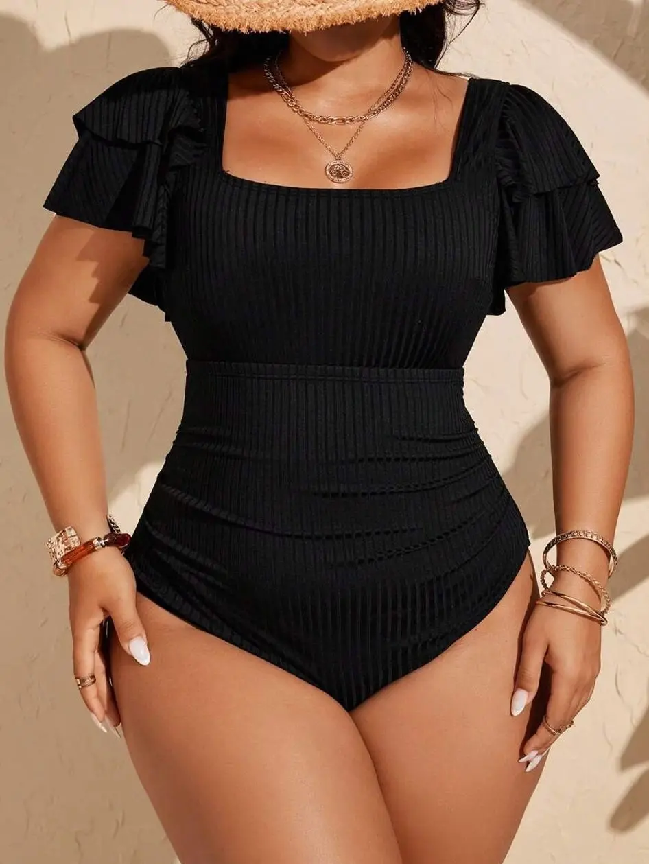 Plus Size Ruffled Sleeve Swimsuit - Chic One-Piece for Beach Vacations