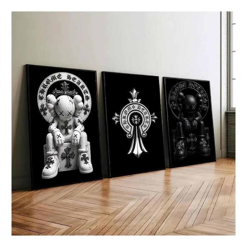 Chrome Hearts Hypebeast Kaws Wall Art Set of 3, Graffiti Poster,Trendy Living Room Decor, Retro Wall Art,Dopamine Decor  Poster Gift Glossy