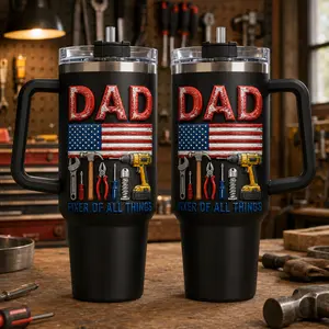 3D Effect Tumbler Dad Fixer Of All Things, Carpenter Mechanic Handyman Travel Mug, American Flag Workshop 40oz Tumbler